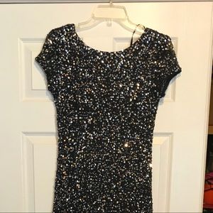 Adrienne Papell short sleeve sequins mesh gown